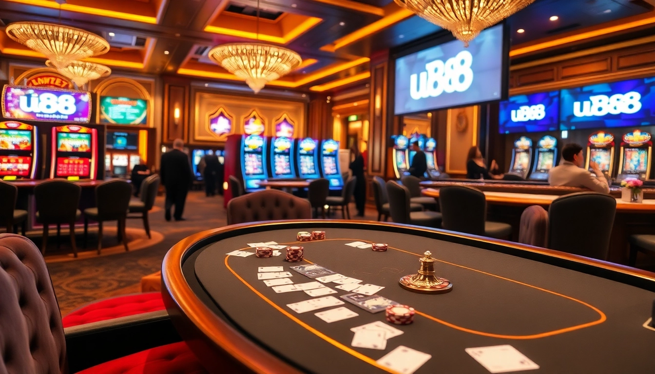 Watch players engage in thrilling u888 casino games at an upscale gambling venue with poker and roulette.