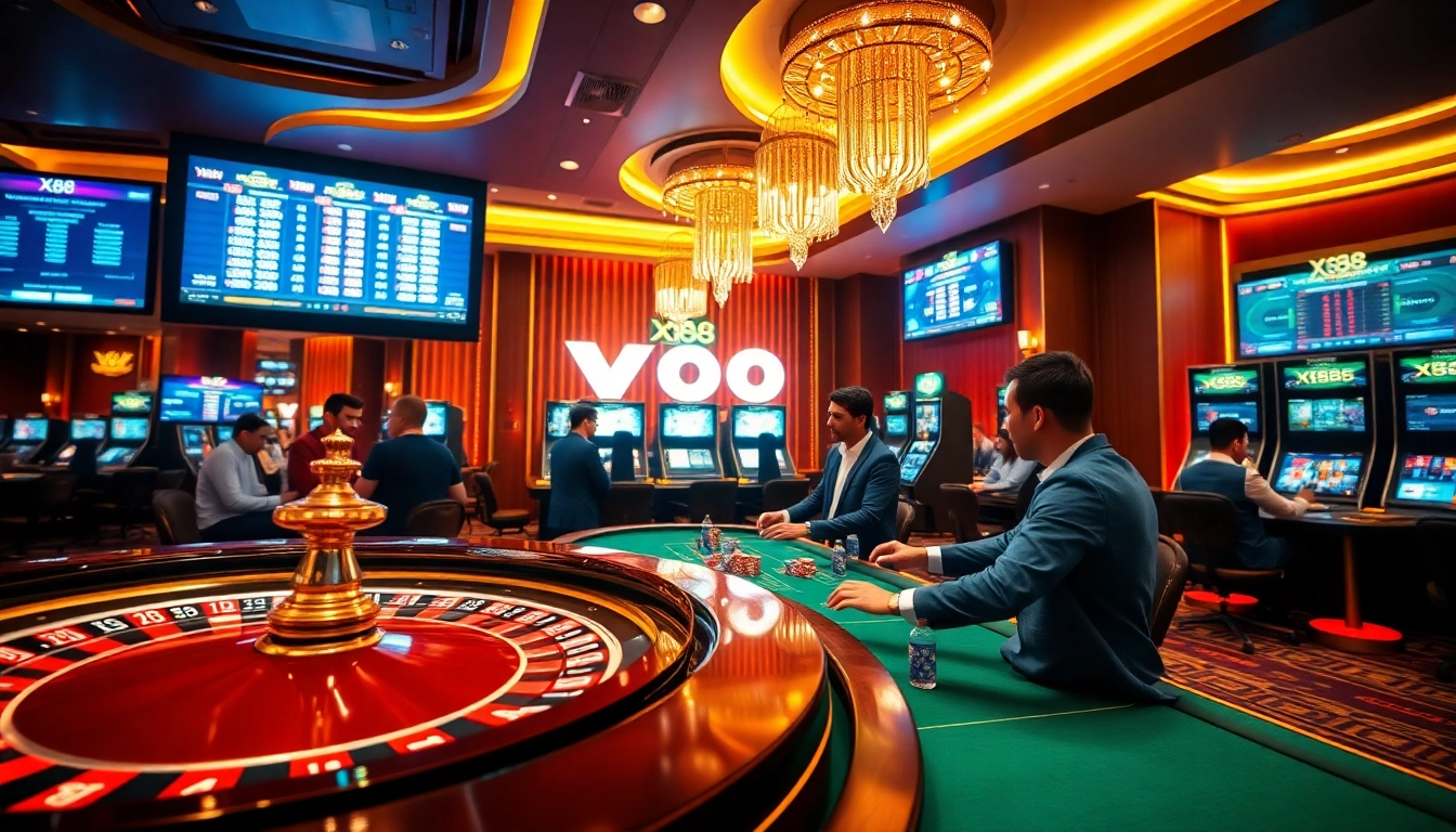 Experience the thrill of X88 online gambling with vibrant casino visuals featuring roulette and poker.
