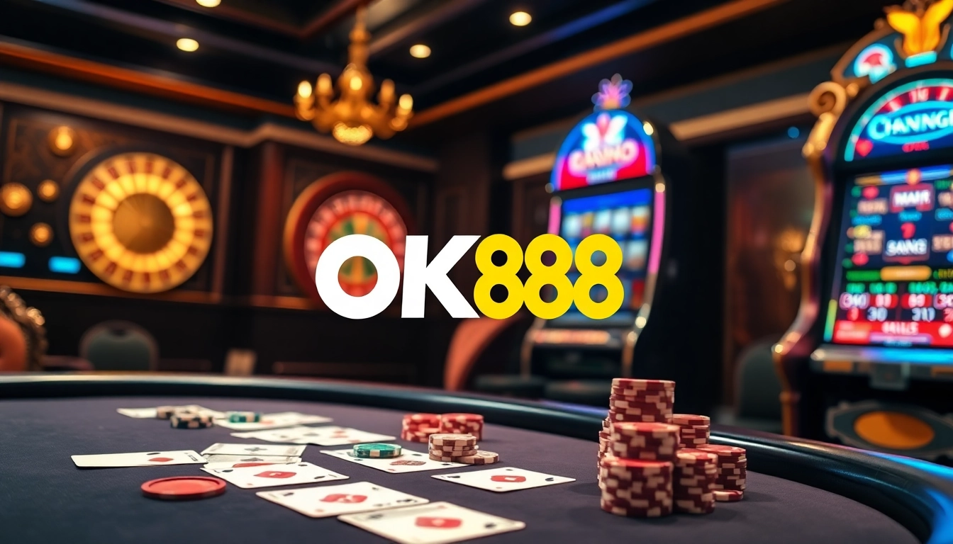 Experience the thrill of casino games at OK88 with poker chips and vibrant slot machines