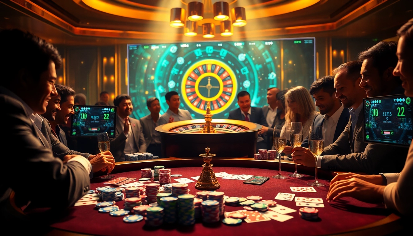 Engaging casino scene showcasing s8 đăng nhập with poker chips, cards, and a roulette wheel.