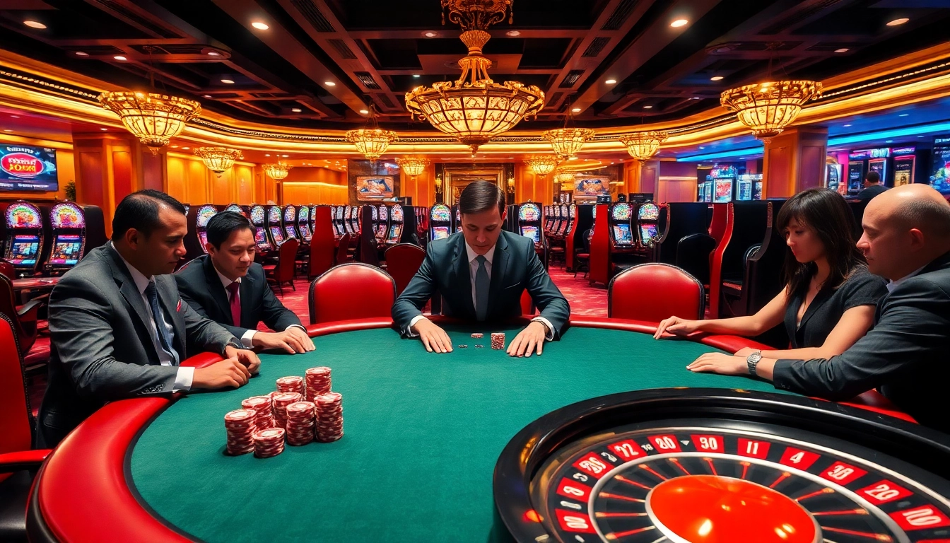 Gamblers engaged at a high-stakes poker table inspired by https://rr88co.net/, showcasing vibrant casino elements.