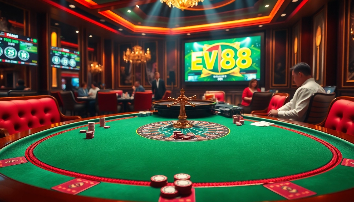 Join thrilling gameplay at EV88 3676, featuring an upscale poker table with vibrant chips.