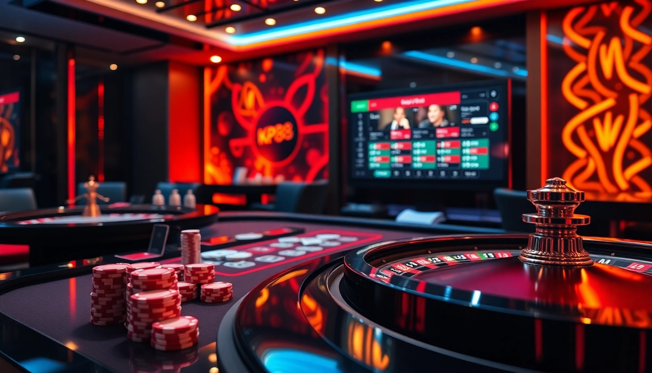 Experience high-stakes excitement at nhà cái kp88 with this vibrant casino atmosphere featuring cards and chips.