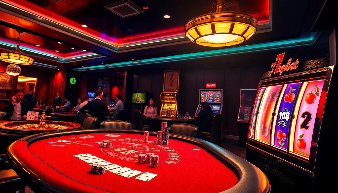 Experience the thrill of gambling with 7upbet as players engage with poker chips and a roulette wheel.