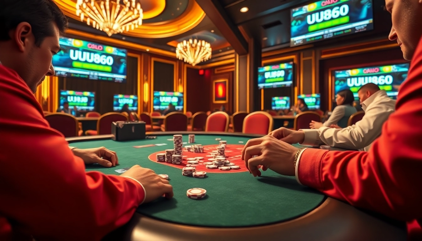 Engage in thrilling poker action with https://uu888.jp.net/ showcasing vibrant chips and a polished table setting.
