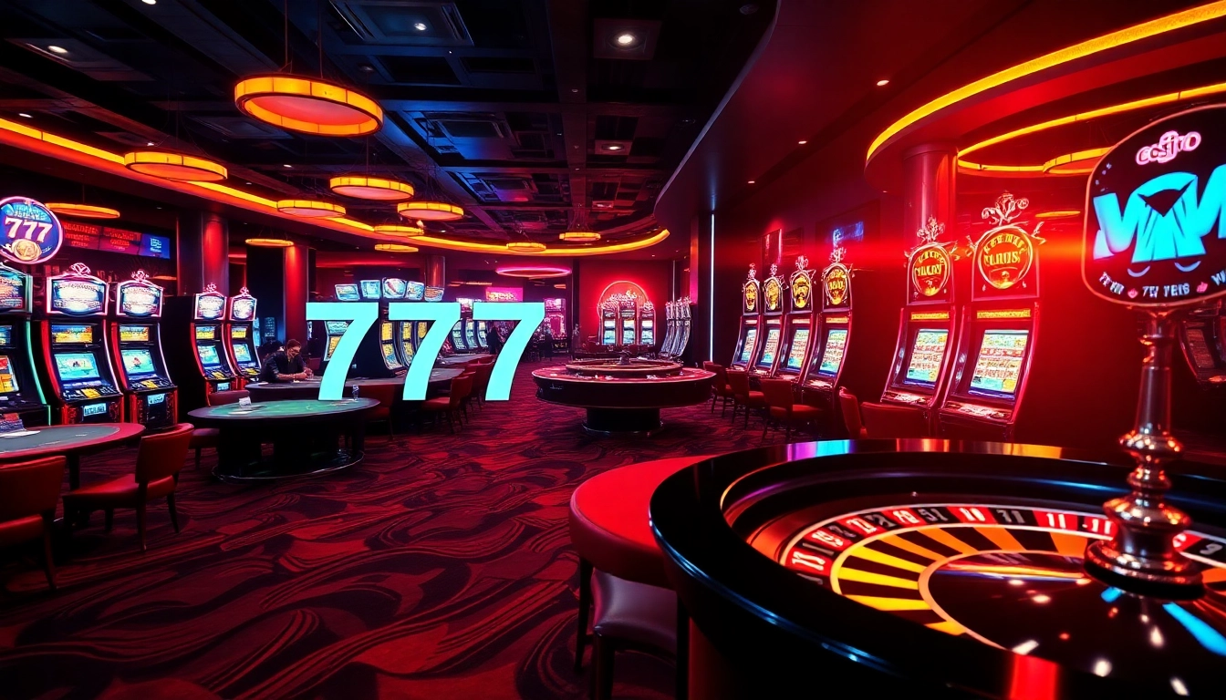 Players enjoying high-stakes games at the luxurious 7c77 casino, filled with vibrant slot machines and poker tables.