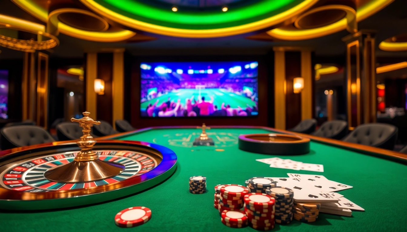 Watch trực tiếp bóng đá in an elegant casino setting with poker chips and roulette wheels.