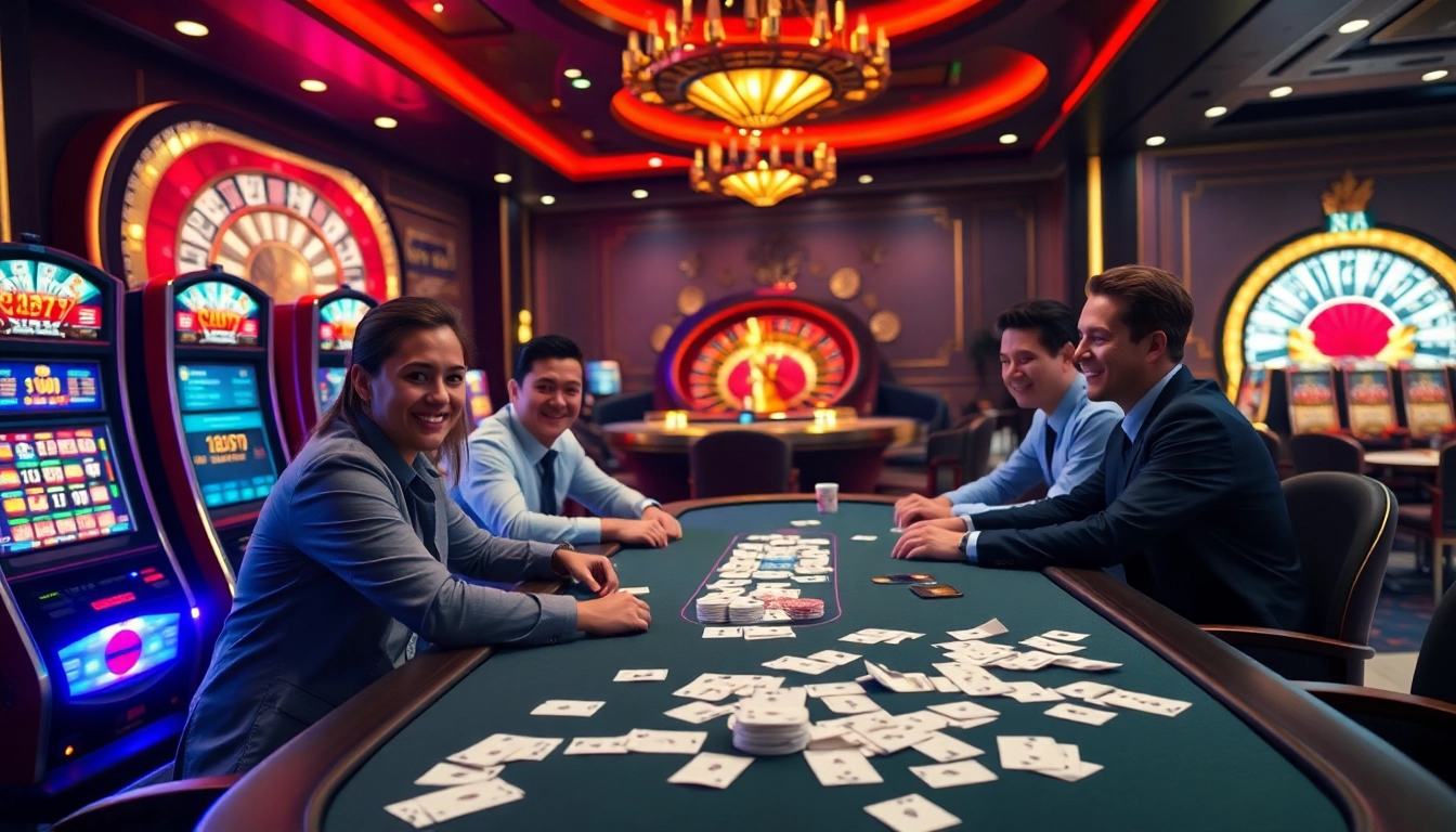 Engaging scene of players at an idnslot poker table in a vibrant casino atmosphere.