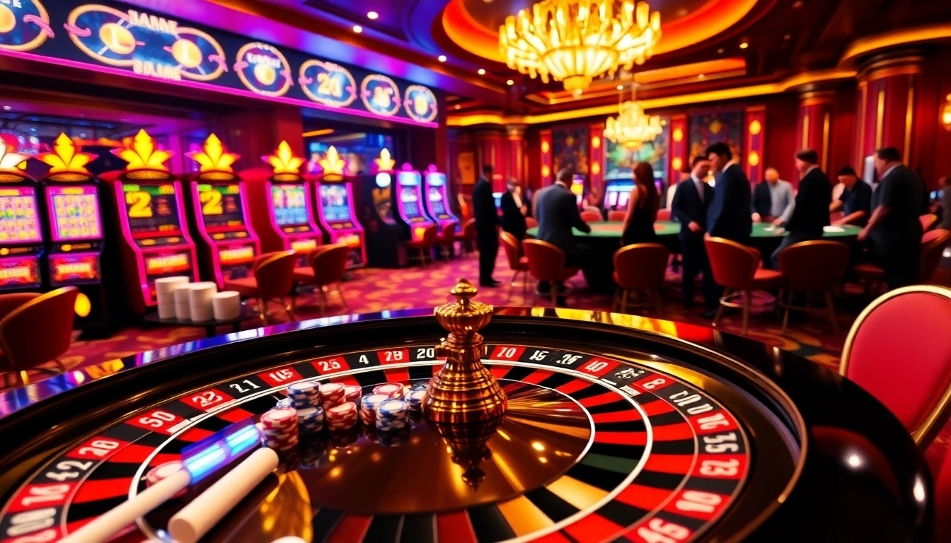 Gamblers enjoying the exciting atmosphere at Nhà cái 13win with poker chips, roulette wheels, and slot machines.