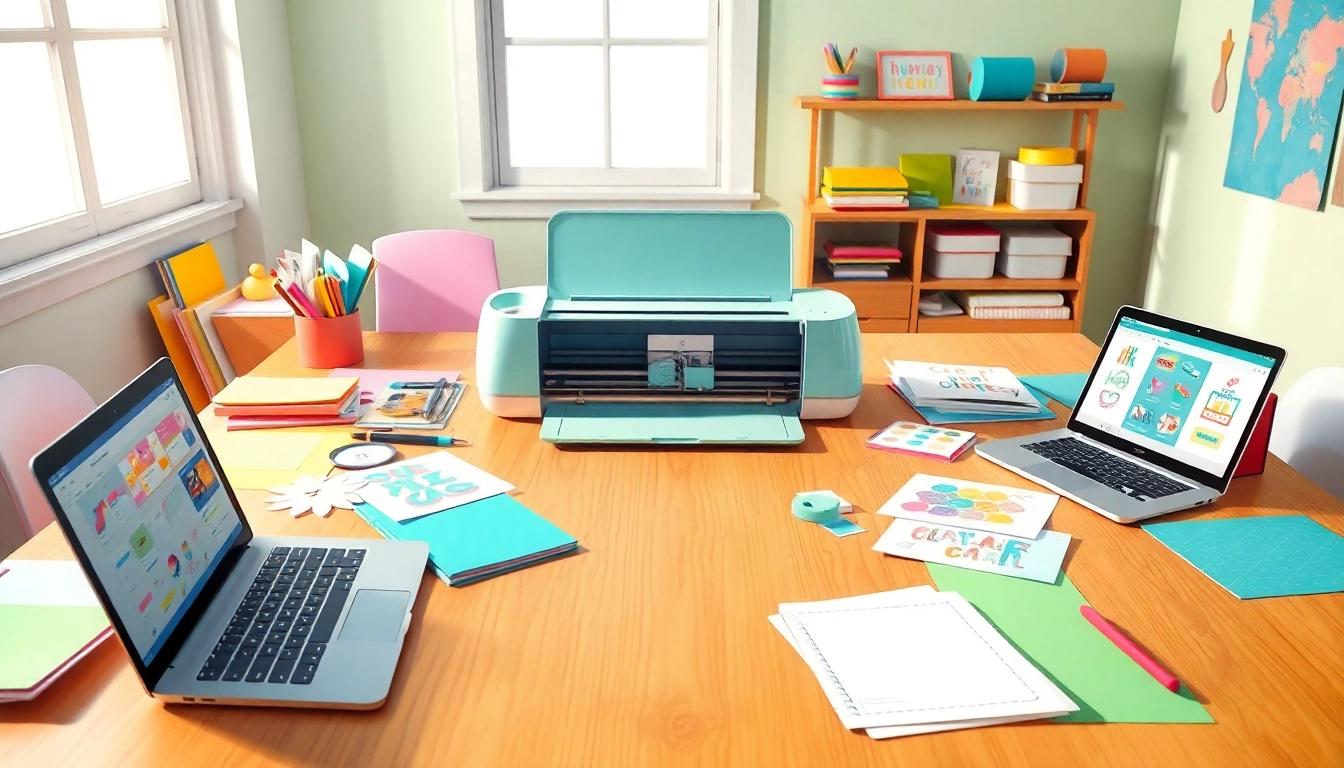 Cricut for beginners workspace showcasing a Cricut machine, colorful craft materials, and a laptop for design.