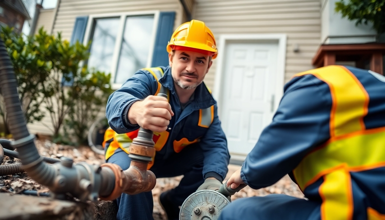 NYC emergency plumber & sewer serviceman fixing a sewer line in a home setting, showcasing professionalism.