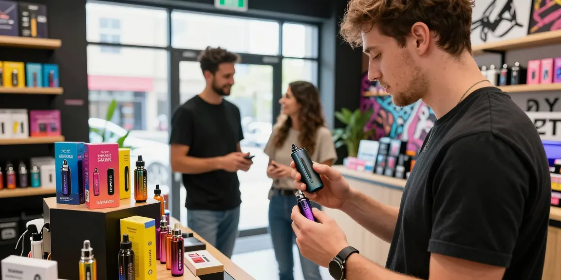 Vaping enthusiast exploring Hayati promax in a vibrant vape shop, showcasing engaging retail atmosphere.