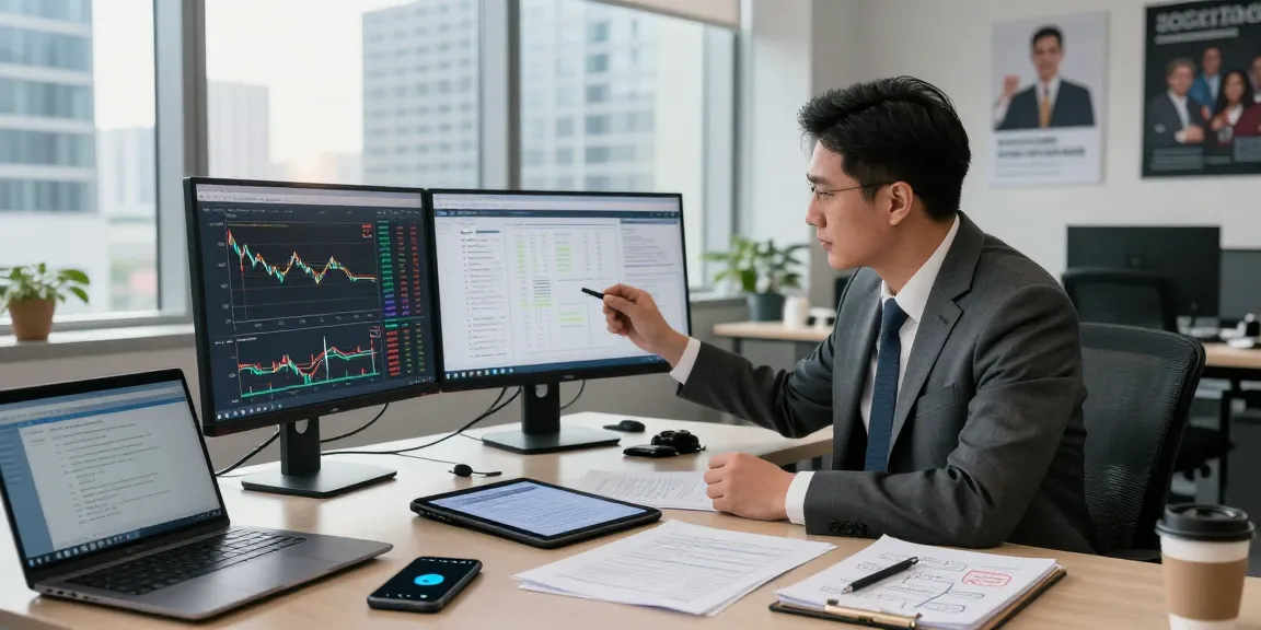 Professional investigator analyzing asset tracing data in a modern office.