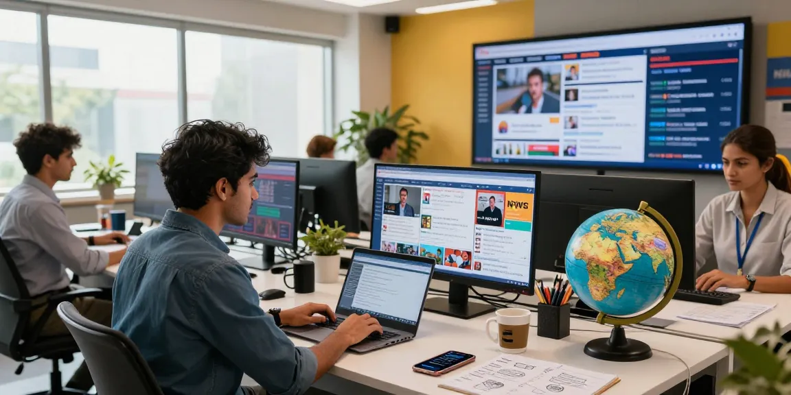The In Daily newsroom highlighting diverse journalists engaged in creating news about India, reflecting the essence of https://www.theindaily.com.